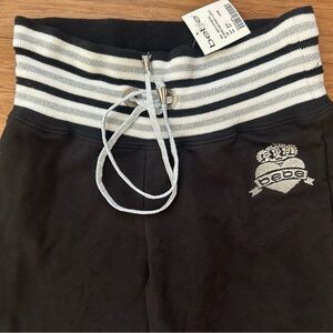 Bebe Black Silver Glitter Stripe Rhinestone Heart Crown Logo Sport Pants XS NWT